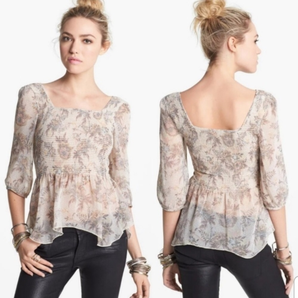 Free People Floral Ever After Long Sleeve Smocked Blouse Size Medium